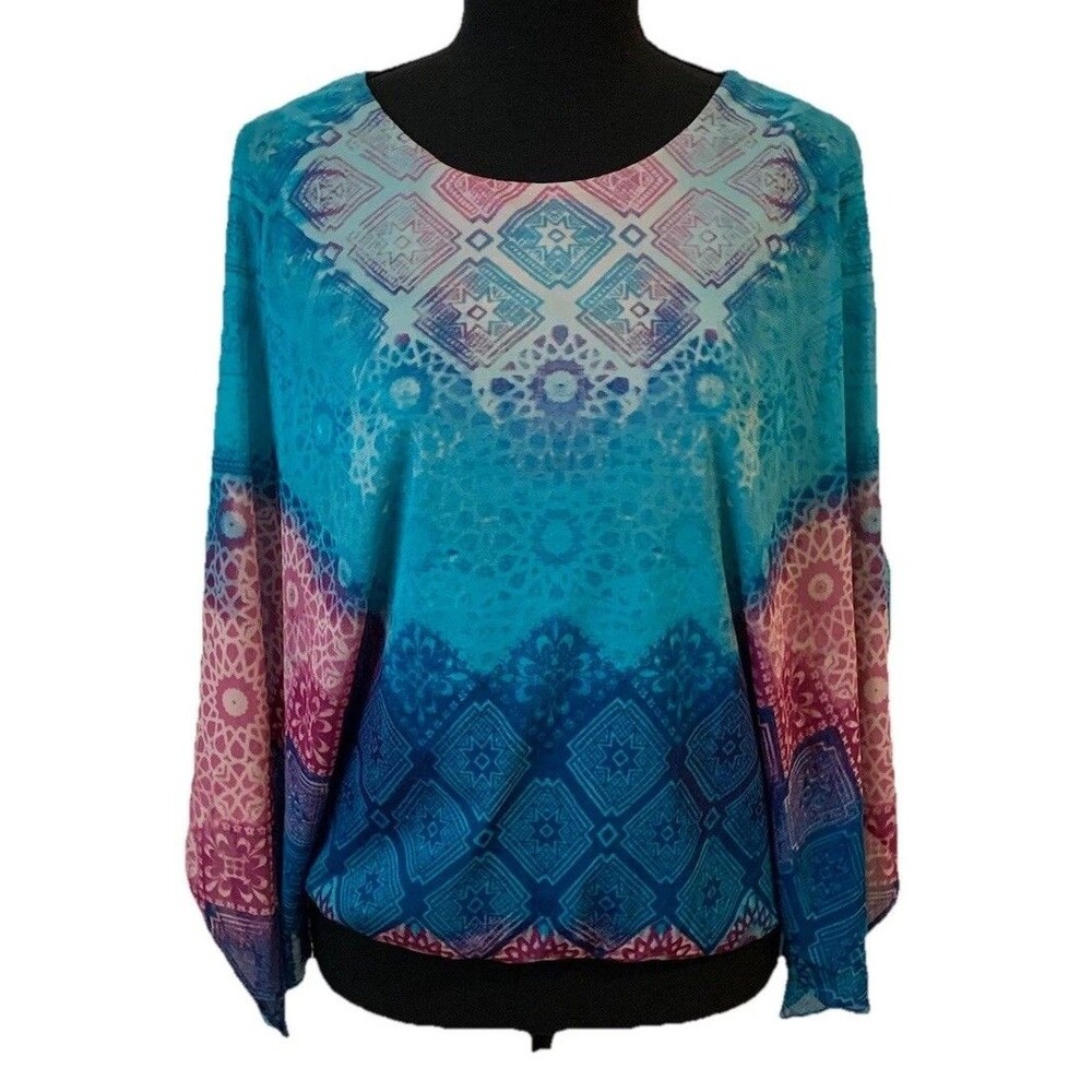 Chicos Size 0 Womens Small Top Poncho Mesh Lined Slit Kimono Sleeves Blouson